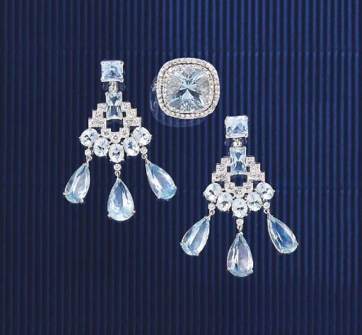 A pair of aquamarine and diamond earpendants and a ring