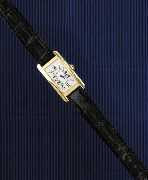 A MID SIZE 18CT. GOLD "TANK AMERCIANE" WRISTWATCH, BY CARTIER