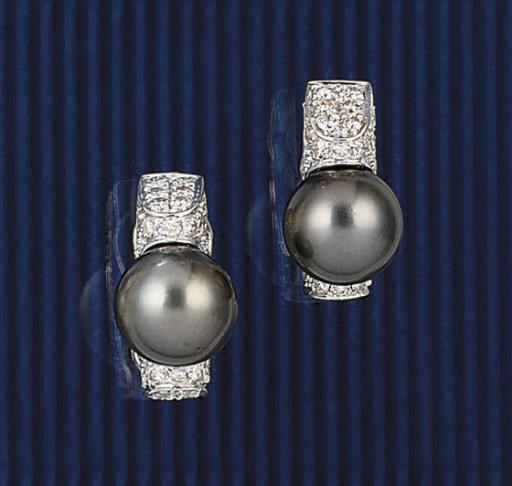 A pair of cultured pearl and diamond earclips
