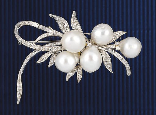 A cultured pearl and diamond spray brooch