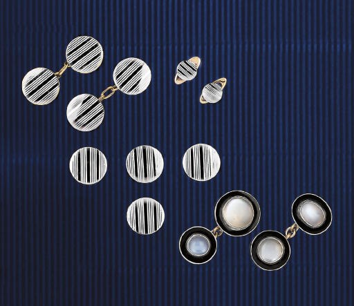 A GOLD, PLATINUM AND ENAMEL DRESS-SET