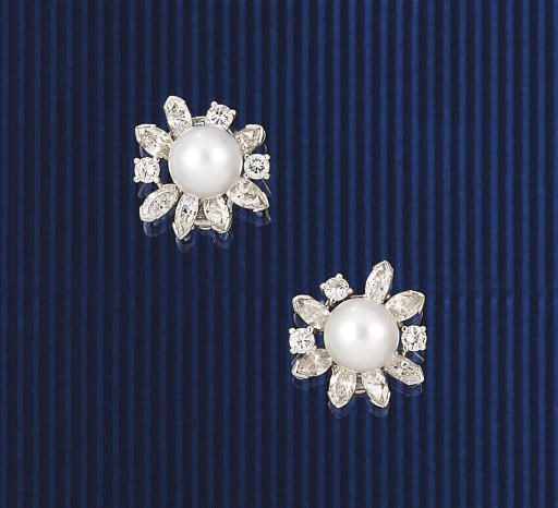 A PAIR OF DIAMOND AND CULTURED PEARL EARCLIPS