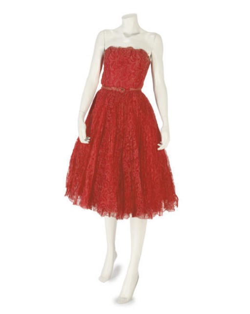 CHRISTIAN DIOR, A RED LACE PROM DRESS