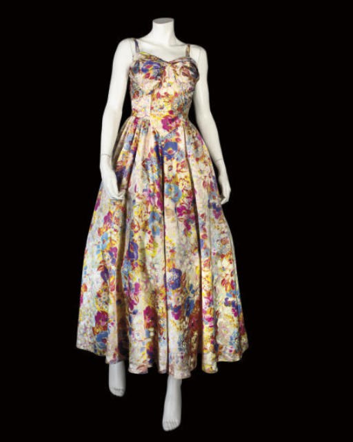A SATIN EVENING DRESS, 1950S