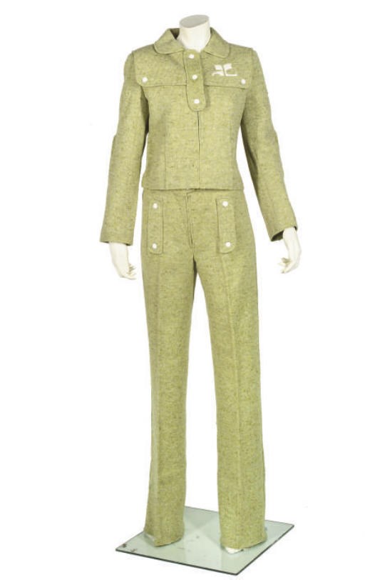 ANDRE COURREGES, FLECKED GREEN WOOL TROUSER SUIT