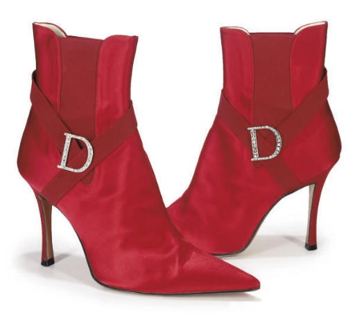 CHRISTIAN DIOR, A PAIR OF CHERRY RED SILK ANKLE BOOTS