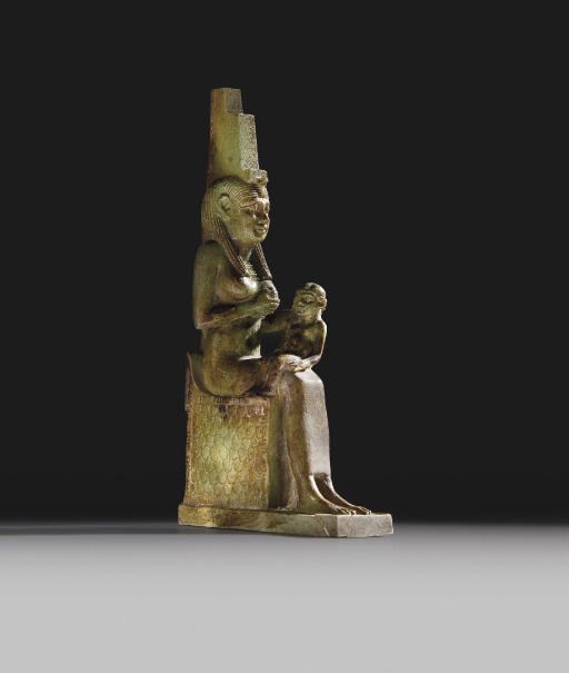 FIGURE D'ISIS ET HORUS EN FAIENCE SILICEUSE A GLAÇURE VERTE