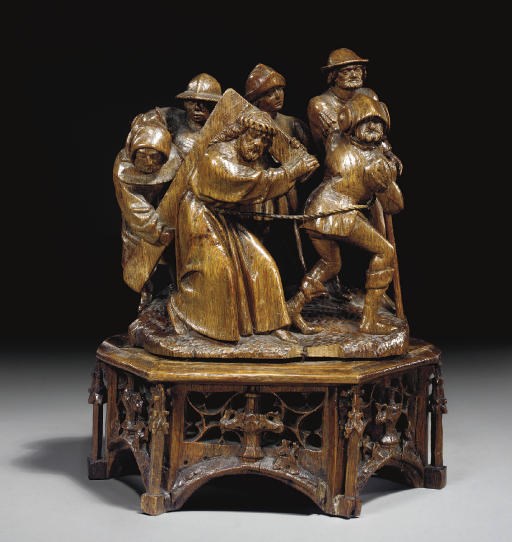 GROUPE EN BOIS NATUREL REPRESENTANT LE CHRIST AU CALVAIRE