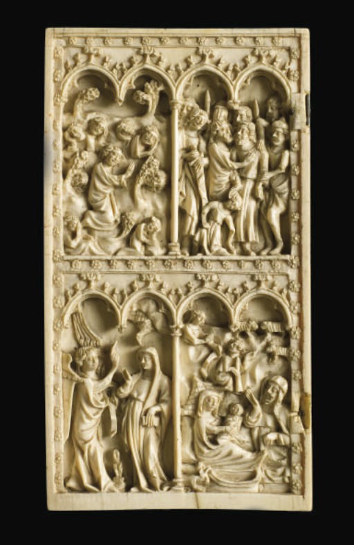 FEUILLE DE DIPTYQUE EN IVOIRE SCULPTE REPRESENTANT DES SCENES DE LA VIE DU CHRIST