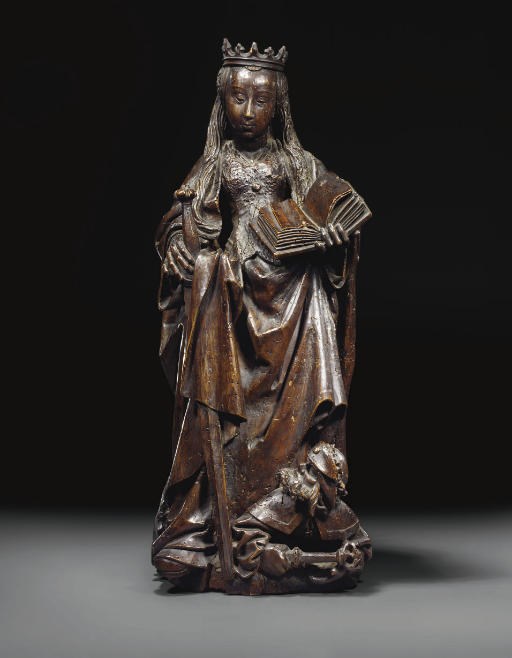 FIGURE DE SAINTE CATHERINE EN BOIS NATUREL SCULPTE