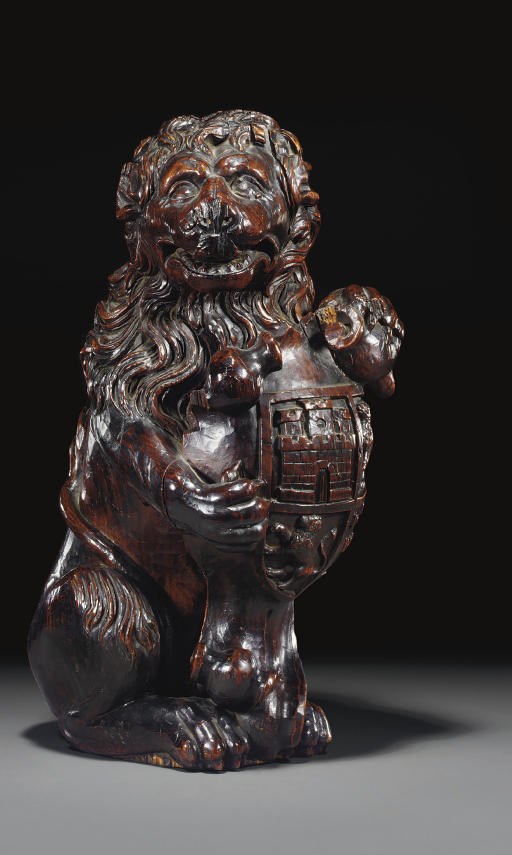 FIGURE DE LION ARMORIE EN BOIS NATUREL SCULPTE