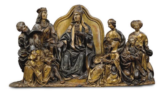 GROUPE EN BOIS SCULPTE, DORE ET PEINT POLYCHROME REPRESENTANT UN EVEQUE ASSIS FLANQUE DE SEPT FIGURES