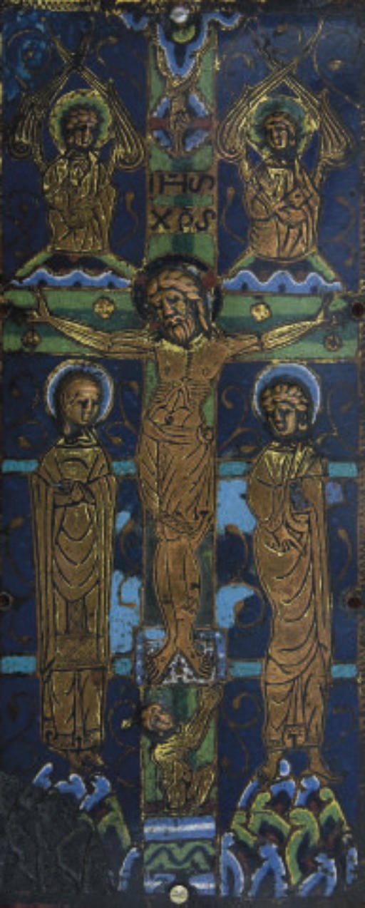 RELIURE DE LIVRE EN CUIVRE DORE ET EMAILLE REPRESENTANT LA CRUCIFIXION