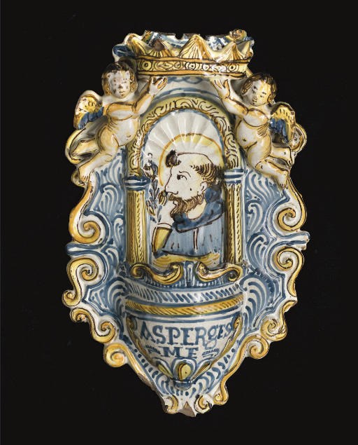 BENITIER EN FAIENCE ITALIENNE DU XVIIEME SIECLE, PROBABLEMENT SICILE