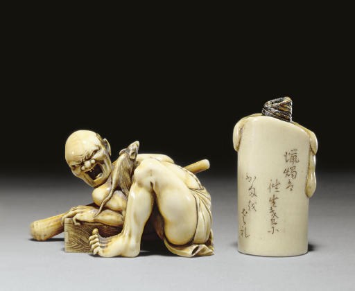 An Ivory Netsuke and a Stag Antler Netsuke**