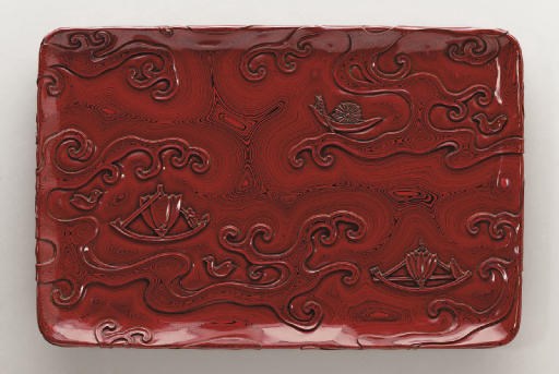 A Red Lacquer Namibori (wave-carved) Incense Tray