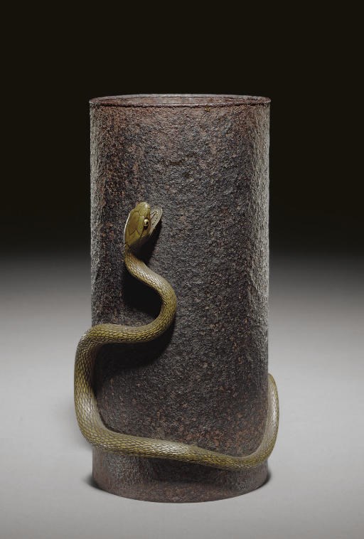 An Iron Brushpot with A Metal Snake