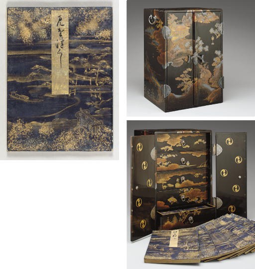 MURASAKI SHIKIBU (act. c. 978-1030), author; ANONYMOUS, calligrapher: Genji monogatari (The Tale of Genji); 54 chapters mounted in 54 vols; fukurotoji-bon (24.7 x 18.1cm.; 9¾ x 7 1/8in.), sewn (several vols. now separated into two or more sections); Edo period, 18th-19th century; inscribed in black ink on verso and obverse of leaves of buff-colored paper, in dark blue paper wrappers decorated with imagery associated with the given chapter hand-painted in gold and some silver pigment and applied with gold leaf; each front cover applied with buff paper label inscribed with chapter title and hand-painted in gold pigment with bands of mist, grasses and flowers, some chapters with tomo-e (double-comma) crests; inside front and back covers of each vol. applied with gold foil embossed with dense cross-hatch pattern and tomo-e crests; full pages of text 10 columns per page--generally good condition, random leaves waterstained, small and random moisture spots on some covers, several covers slightly abraded