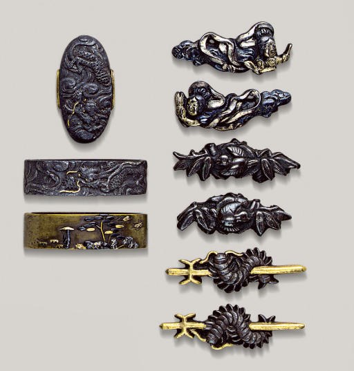 Three Pairs of Menuki, a Pair of Fuchi-Gashira and a Fuchi