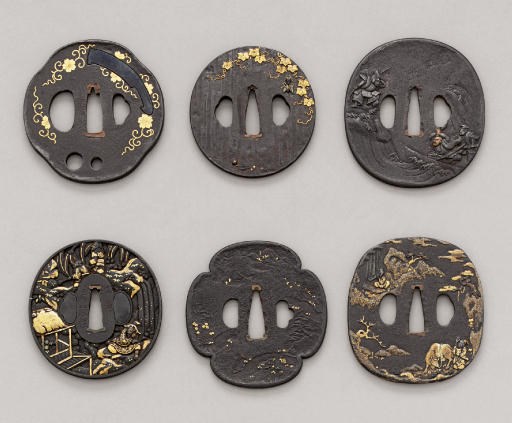 A Kinko (Mixed-Metal) Tsuba, a Kaneie School Tsuba, a Jakushi School Tsuba, a Soten School Tsuba, a Shoami School Tsuba and an Iron Tsuba