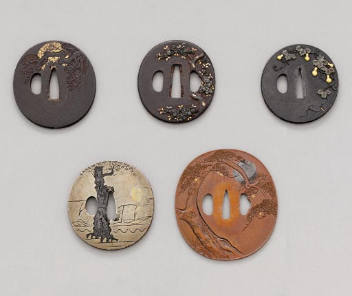 A Yokoya School Tsuba, Two Kinko (Mixed-Metal) Tsuba, a Copper Tsuba and an Iron Tsuba
