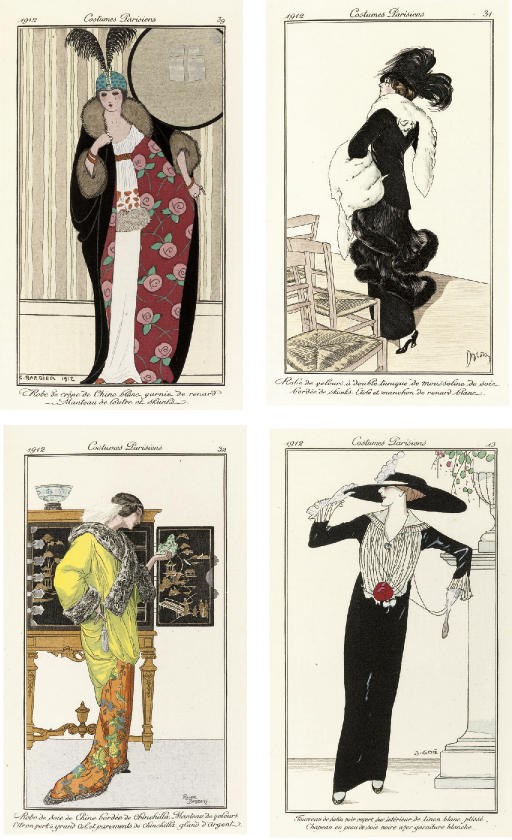 Journal des Dames et des Modes. Paris: Aux Bureaux du Journal des Dames, 1912-14. Volumes I - V in 4 volumes, 8°. Half titles, 185 fine hand- or pochoir-coloured plates by Georges Barbier and others numbered 1 - 184 (lacking plate 62 but with 2 additional un-numbered plates). Finely-bound in contemporary burgundy half morocco gilt, spines gilt in compartments, top edges gilt (spines a little faded), original printed wrappers and advertisements bound at the end of each volume. NUMBER 1,048 OF 1,250 COPIES "SUR PAPIER DE HOLLANDE". Colas 1567: "Cette publication périodique a été interrompue par la guerre ..." A FINE COLLECTION OF FASHION PLATES, many in the art-deco style and some anticipating the jazz age.	 (4)