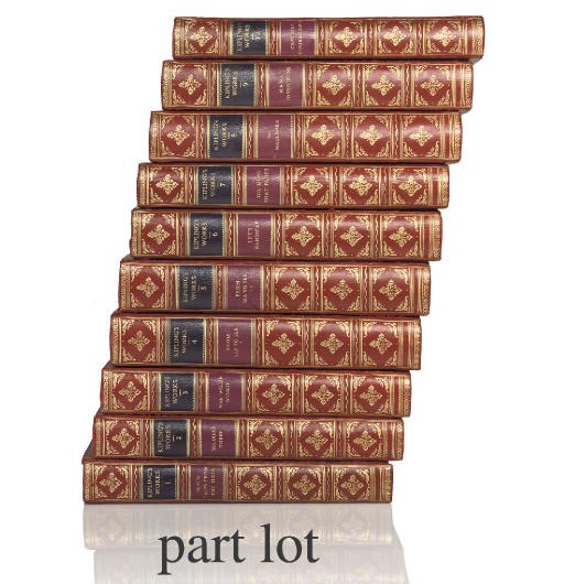 KIPLING, Rudyard (1865-36).  [Works.] London: Macmillan, 1913-38. 31 volumes, small 4°. Half titles, titles printed in blue and black. Contemporary red calf gilt by Frost of Bath, spines with dark blue and mauve lettering-pieces, top edges gilt, others uncut (some upper joints splitting, extremities lightly rubbed). BOMBAY EDITION. The first volume is signed by the author. Livingston p.572: "1,050 copies of volumes I-XX were printed; 500 copies printed of each remaining volume." Complete sets are, therefore, comparatively rare.	 (31)