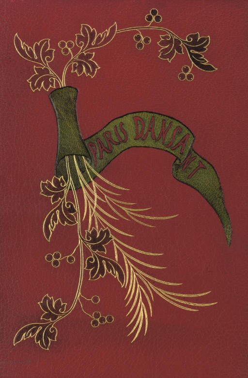 MONTORGUEIL, Georges.  Paris Dansant. Paris: Théophile Belin, 1898. 4° (285 x 192mm). Half title, frontispiece in 3 states, title printed in red and black, 12 plates by Vigna-Vigneron after A. Willette in 2 states, illustrations, set of colour separations bound in at end. Finely-bound in contemporary red crushed morocco gilt by Raparlier, the upper cover with a spray of flowers and the title in a banner formed of various coloured onlays, spine gilt in compartments, doublures, gilt edges, original pink wrappers bound in (one detaching). Provenance: Sir David Lionel Salomans Bart. (armorial bookplate); modern presentation inscription on front free endpaper. NUMBER 178 OF 200 COPIES.