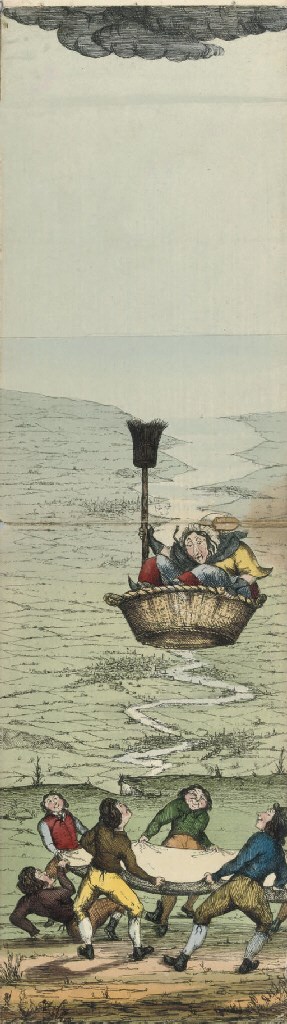The Flight of the Old Woman who was Tossed up in a Basket.  Sketched & Etched by Aliquis. London: D. Bogue, [c.1844]. Hand-coloured continuous strip aquatint panorama in 12 sections, joined (strengthened on versos of joins), approximately 2,340 x 105mm., folding between original hand-coloured engraved cloth-backed paper boards (repaired with some loss, some light staining). Not in Abbey.