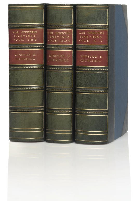 CHURCHILL, Winston Spencer (1874-1965).  War Speeches. London: Cassell, 1941-45. 7 volumes bound in 3, 8°. Half titles, half tone frontispieces and plates. Finely-bound in dark blue half morocco gilt by Sotheran, spines gilt in compartments with red morocco lettering-pieces, top edges gilt (spines a little faded). Vols. I-II third editions, vols. III-VII FIRST EDITIONS. cf. Woods A136.