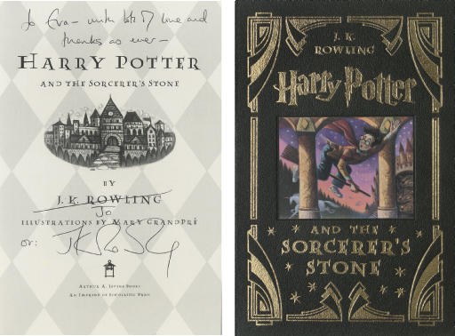 ROWLING, J. K. (b. 1965).  Harry Potter and the Sorcerer's Stone. [New York:] Arthur A. Levine Books.  An Imprint of Scholastic Press, November 2000. Large 8° (227 x 150mm). Full-page illustration of Harry Potter by the author, title with vignette view of Hogwarts and vignettes at each chapter heading by Mary Grandpré. Original green leather by Quebecor World-Hawkins lettered and decorated in gilt with coloured pictorial label inset on upper cover, gilt edges, original glassine wrapper lettered in white. COLLECTOR'S EDITION, FIRST PRINTING, with the copyright line '10 9 8 7 6 5 4 3 2 1  0/0 01 02 03 04'. PRESENTATION COPY, the title inscribed, "To Eva - with lots of love and thanks as ever - [printed name scored through] Jo or: J. K. Rowling."