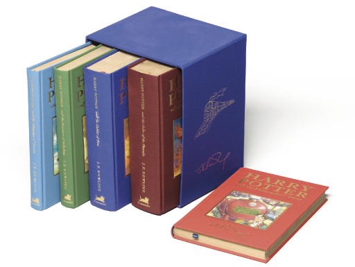 ROWLING, J. K.  Harry Potter and the Philosopher's Stone. [London:] Bloomsbury, 1999. 8°. Hogwarts coat-of-arms and motto on half title and title. Original red cloth lettered in gilt with coloured pictorial label by Thomas Taylor inset on front cover, gilt edges, blue silk marker. DE-LUXE EDITION, with code numbers on verso of title running from 20 to 11. PRESENTATION COPY, the half title inscribed, "To Jack Samuel Perchick, who made an excellent [underlined] choice of parents! With lots and lots of love, J. K. Rowling."