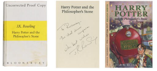 ROWLING, J. K.  Harry Potter and the Philosopher's Stone. [London:] Bloomsbury, 1997. 8°. Half title. Original white printed wrappers with central yellow band. UNCORRECTED PROOF, PRESENTATION COPY, the half title inscribed, "To Rosemary - the ideal dinner companion, with best wishes, J. K. Rowling."; with a PROOF FOR THE COVER OF THE FIRST HARDBACK EDITION, with variant lettering and blurb. The cover is priced at just £4.50.