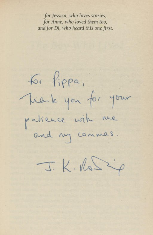 ROWLING, J. K.  Harry Potter and the Philosopher's Stone. [London:] Bloomsbury, 1997. 8°. Half title. Original stiff pictorial wrappers by Thomas Taylor. FIRST PAPERBACK EDITION, PRESENTATION COPY, the dedication leaf inscribed, "For Pippa, Thank you for your patience with me and my commas. J. K. Rowling."
