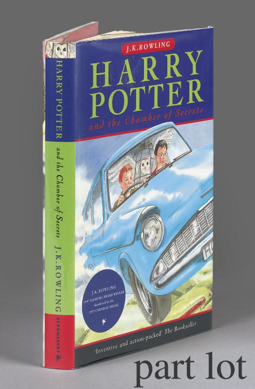 ROWLING, J. K.  Harry Potter and the Chamber of Secrets. [London:] Bloomsbury, 1998. 8°. Half title. Original coloured pictorial boards by Cliff Wright, dust-jacket with design repeated (tiny nicks to corners of boards). FIRST EDITION, PRESENTATION COPY, the dedication leaf inscribed, "To Simon, which is what my parents were going to call me if I was a boy. J. K. Rowling."