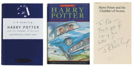ROWLING, J. K.  Harry Potter and the Chamber of Secrets. [London:] Bloomsbury, 1998. 8°. Half title. Original dark blue printed wrappers with central white band. UNCORRECTED PROOF, PRESENTATION COPY, the half title inscribed, "To Pat - Thank you [underlined] for liking this better! J. K. Rowling."