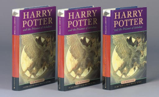 ROWLING, J. K.  Harry Potter and the Prisoner of Azkaban. [London:] Bloomsbury, 1999. 8°. Hogwarts' coat-of-arms and motto on half title and title. Original coloured pictorial boards by Cliff Wright, dust-jacket with design repeated. A FINE COPY OF THE FIRST EDITION, FIRST PRINTING, with 'Joanne Rowling' on verso of title and dropped line of text on p.[7].