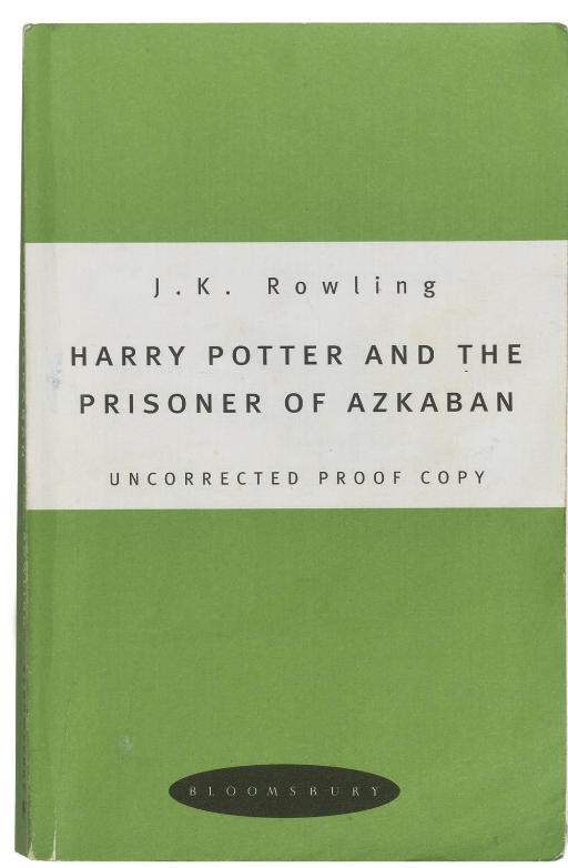 ROWLING, J. K.  Harry Potter and the Prisoner of Azkaban. [London:] Bloomsbury, 1999. 8°. Hogwarts' coat-of-arms and motto on half title and title. Original green stiff printed wrappers, central white band (a little creasing and bowing). UNCORRECTED PROOF, PRESENTATION COPY, the dedication leaf [which is blank but with printer's prompt '? dedication', circled by the author] inscribed, "to you! J. K. Rowling."