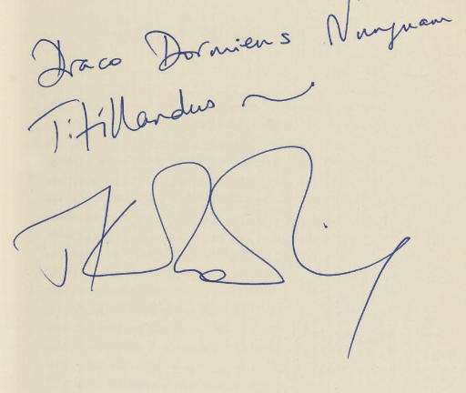 ROWLING, J. K.  Harry Potter and the Goblet of Fire. [London:] Bloomsbury, 2000. 8°. Hogwarts' coat-of-arms on half title and title. Original coloured pictorial boards by Giles Greenfield, dust-jacket with design repeated and SIGNED BY THE ILLUSTRATOR on the lower wrapper. FIRST EDITION, SIGNED BY THE AUTHOR, the dedication leaf inscribed, "Draco Dormiens Nunquam Titillandus [ie. the motto of Hogwarts] - J. K. Rowling."