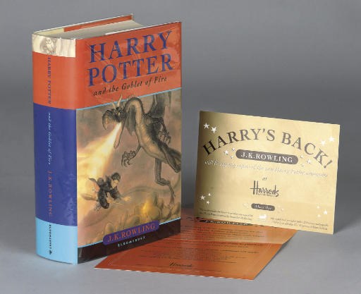 ROWLING, J. K.  Harry Potter and the Goblet of Fire. [London:] Bloomsbury, 2000. 8°. Hogwarts' coat-of-arms and motto on half title and title. Original coloured pictorial boards by Giles Greenfield, dust-jacket with design repeated. SIGNED BY THE AUTHOR ON THE DEDICATION LEAF. This is one of 750 copies signed by J.K. Rowling in The Georgian Restaurant at Harrods on 17th July 2000, and is offered with a 'gold ticket' and flyer (once folded) for the event.	 (3)