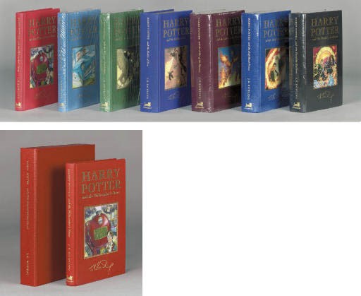 ROWLING, J. K.  Harry Potter and the Philosopher's Stone. [London:] Bloomsbury, 1999. Large 8° (233 x 150mm). Hogwarts' coat-of-arms and motto on half title and title. Original red cloth lettered in gilt with coloured pictorial label by Thomas Taylor inset on upper cover, gilt edges. In a velved-lined red buckram collector's box. FIRST DE-LUXE EDITION.