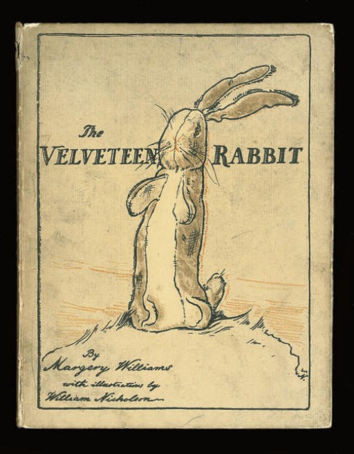 BIANCO, Margery Williams (1881-1944).  The Velveteen Rabbit Or How Toys Become Real. London: Heinemann, 1922. 4° (242 x 187mm). Half title, 7 chromolithographed plates by William Nicholson, 3 double-page (light localised stain to first few leaves, some light mainly marginal spotting and staining, caption of one plate cropped). Original tan pictorial boards by Nicholson, coloured decorated endpapers (some minor erosion to head of spine, joints splitting at foot, edges rubbed, some very light staining). FIRST EDITION of this enduring children's classic.