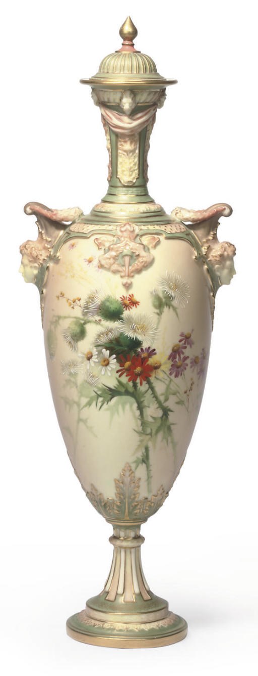 A ROYAL WORCESTER BLUSH-IVORY-GROUND TWO-HANDLED VASE AND COVER