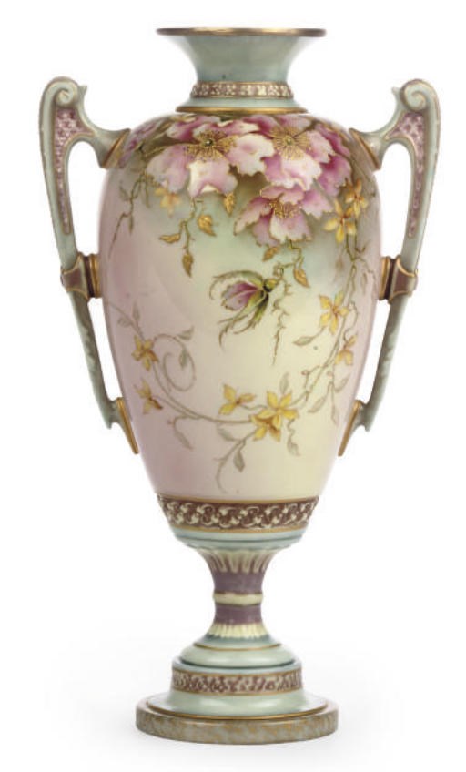 A ROYAL WORCESTER TWO-HANDLED OVIFORM VASE