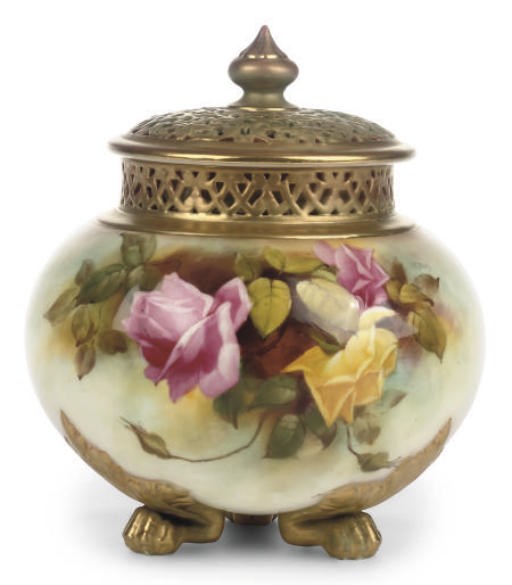 A ROYAL WORCESTER GLOBULAR POT POURRI VASE, LINER AND COVER