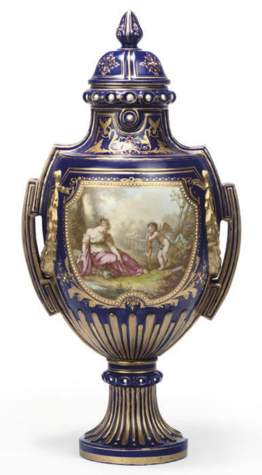A SEVRES-STYLE DARK-BLUE-GROUND VASE AND COVER