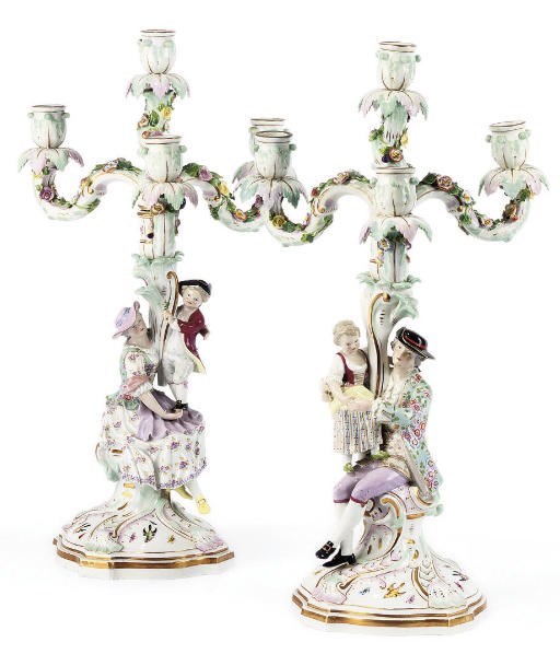 A PAIR OF MEISSEN FIGURAL THREE-BRANCH CANDELABRA