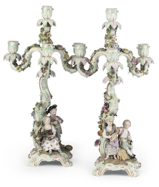 A PAIR OF MEISSEN FIGURAL THREE-BRANCH CANDELABRA