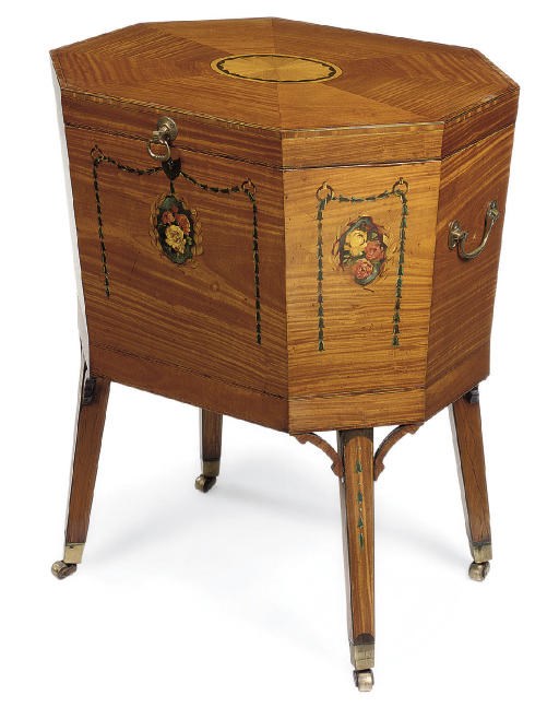 A LATE VICTORIAN OCTAGONAL SATINWOOD AND POLYCHROME DECORATED CELLARETTE