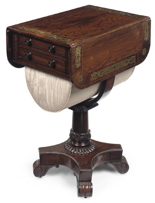 A REGENCY ROSEWOOD AND BRASS INLAID WORK TABLE